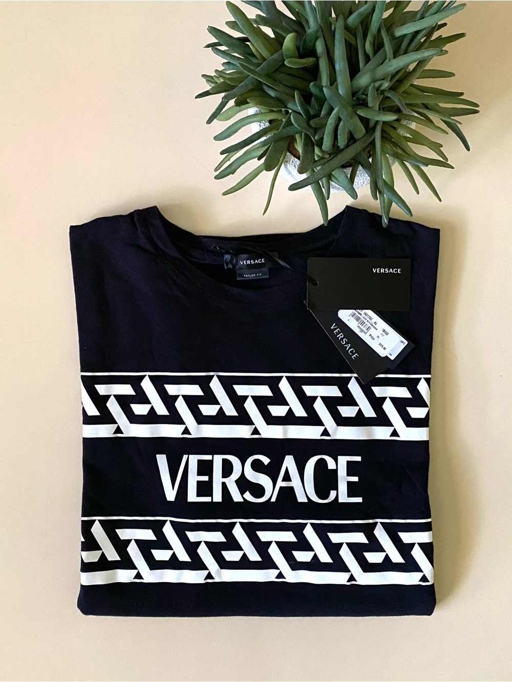 VERSACE - Black Tee with White Greek Key Greca Logo